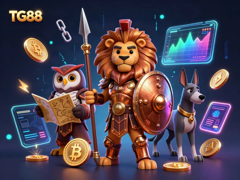 Engage in gaming excitement with TG88 showcasing a Spartan lion, owl strategist, and greyhound, surrounded by neon-themed digital assets.