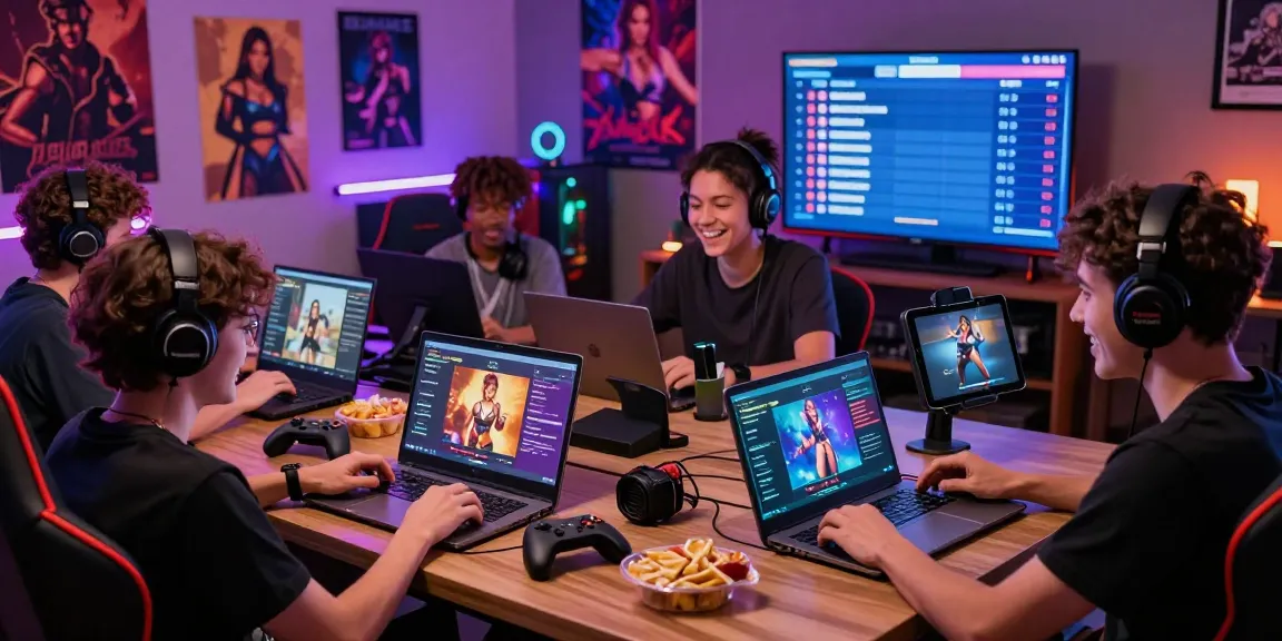 Engaged players enjoying a sex game online on various devices in a lively gaming atmosphere.