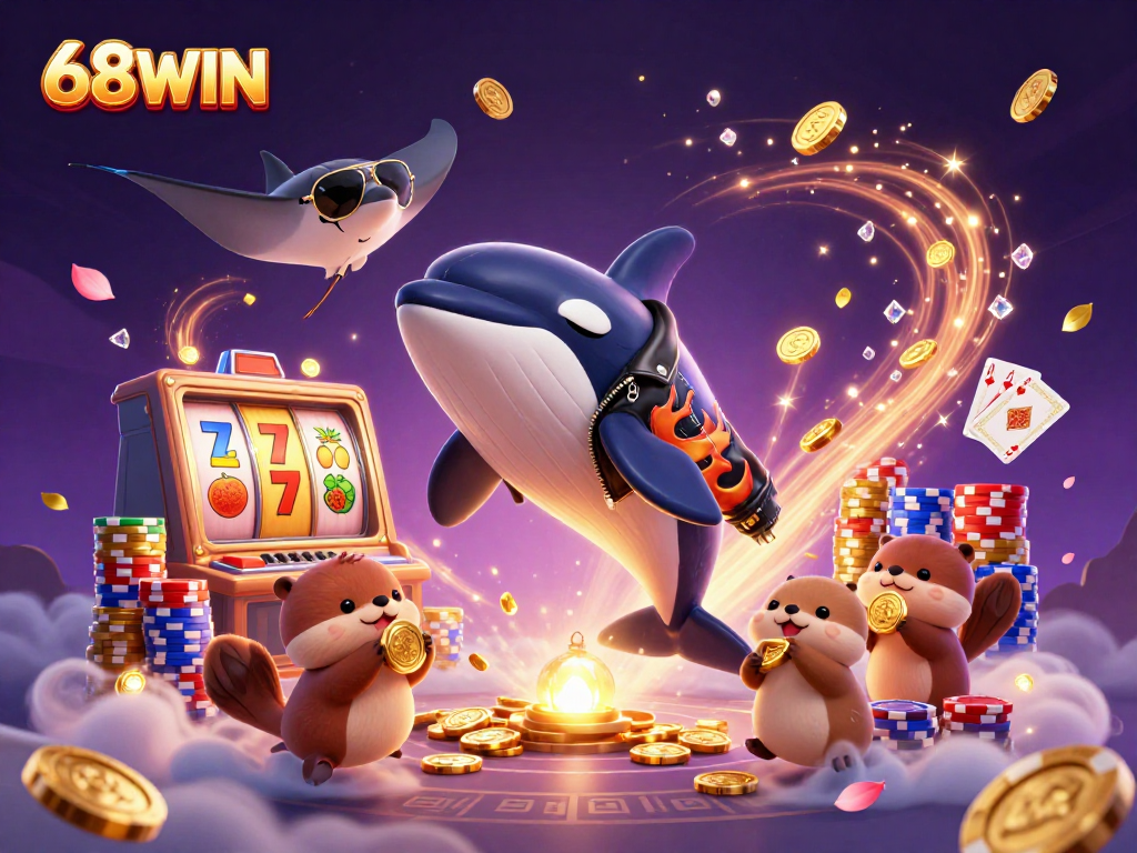 Experience winning moments with 68WIN featuring cartoon sea creatures celebrating around vibrant casino elements.