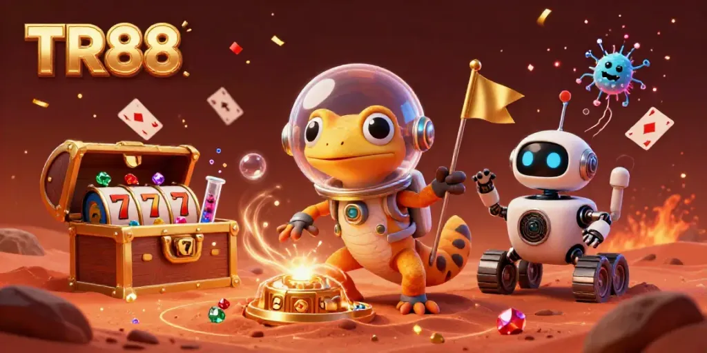 Experience the excitement of TR88 at a Martian casino packed with vibrant slot reels and celebratory elements.