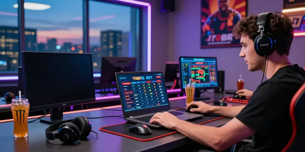 Player enjoying FABET online gambling with vibrant atmosphere and modern gaming setup.