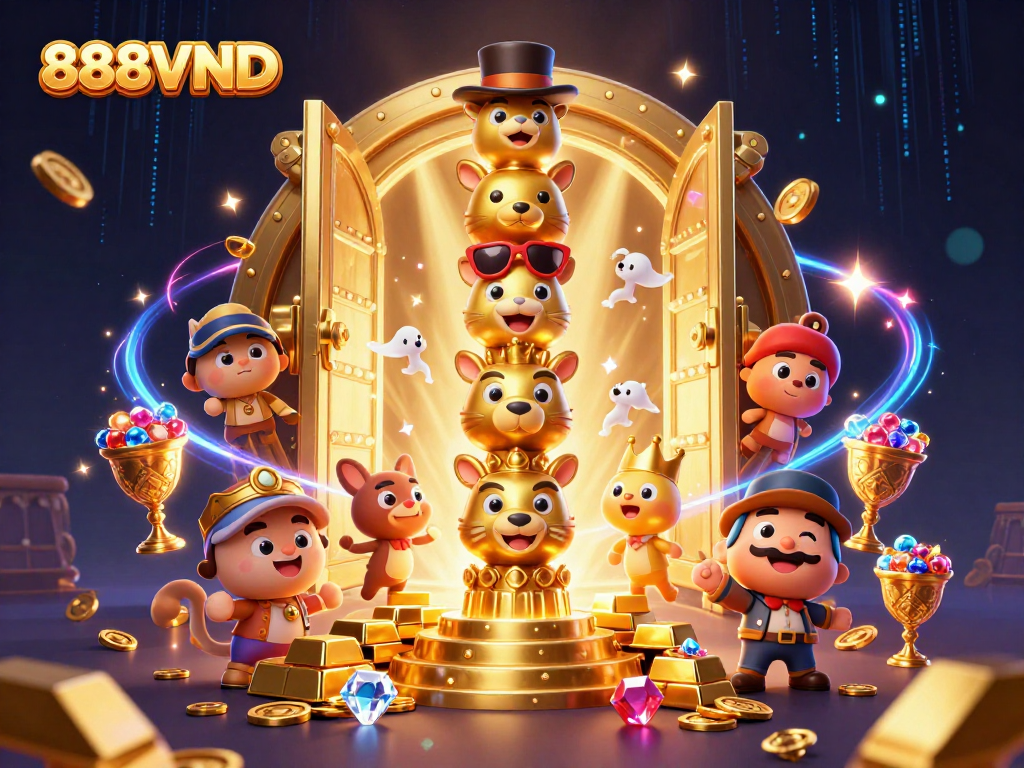 Experience the thrill of winning big at 888VND with vibrant casino elements and golden treasures.