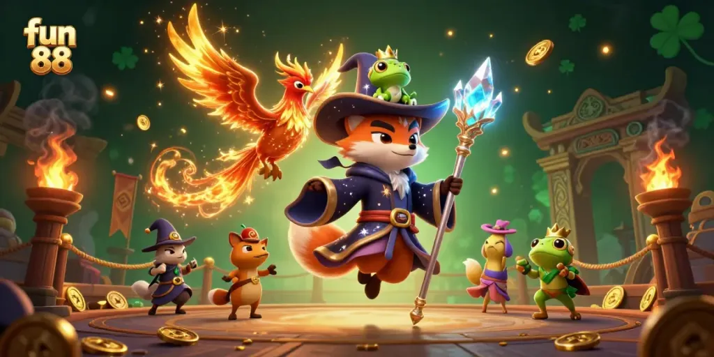 Experience fun 88 with a wizard fox and phoenix in a vibrant, dynamic casino scene.