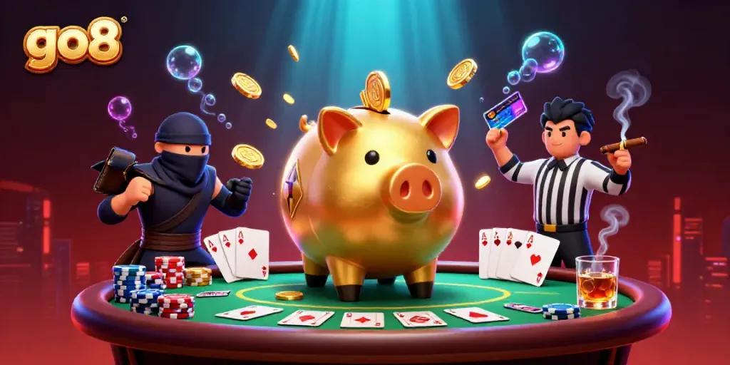 go8 online casino scene features dynamic characters in a poker showdown with vibrant visual effects.