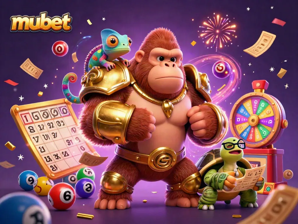 Experience vibrant gaming excitement with mubet, featuring a gorilla king, chameleon, and tortoise in a rich casino scene.