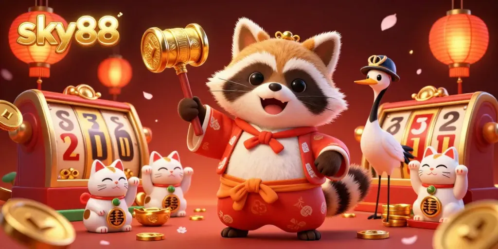 Join the exciting world of sky88 with cheerful characters and vibrant casino elements in a festive digital illustration.