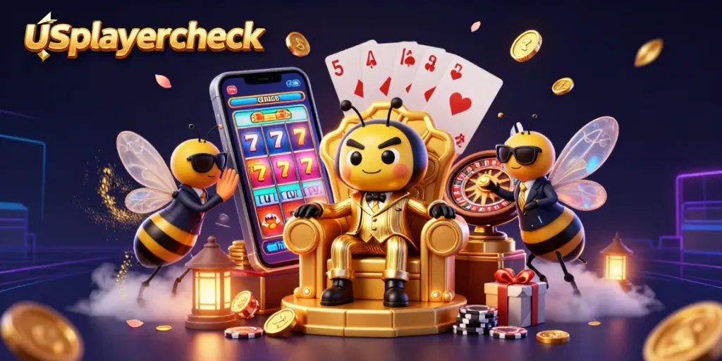Engage with top mobile gaming through usplayercheck, featuring a bustling casino scene with slot games, cards, and vibrant characters.