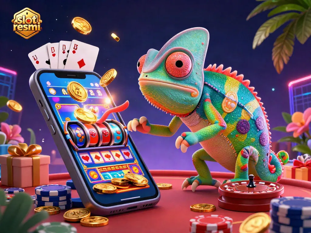 Experience slot resmi with vibrant 3D illustration of casino games, chameleon character, and dynamic elements.