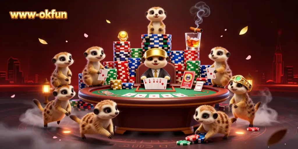 Experience the vibrant excitement of online gambling with www-okfun's dynamic casino scene featuring meerkat dealers and colorful elements.