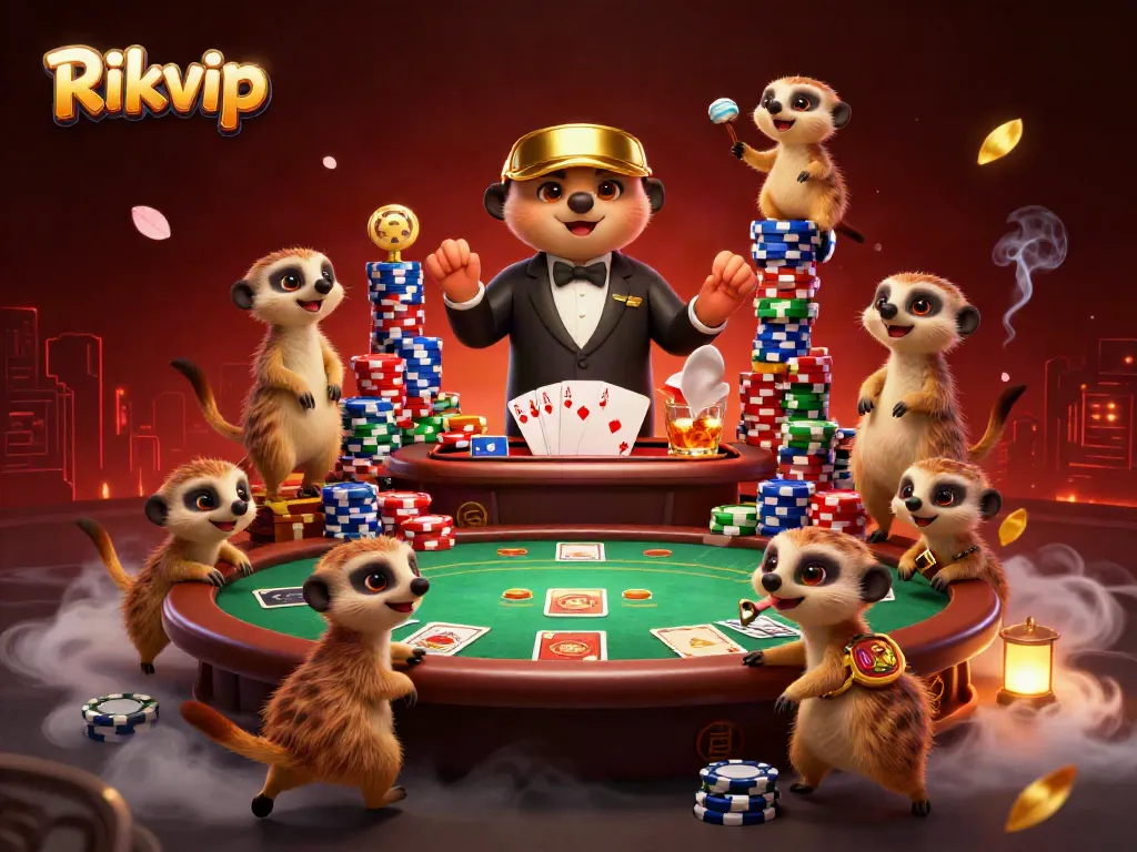 Experience the excitement of Rikvip's casino with meerkats running a vibrant gaming operation.